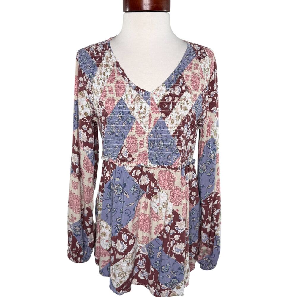 Maurices Boho Patchwork Peasant Top Size L Floral Smocked‎ Blouse Cottagecore